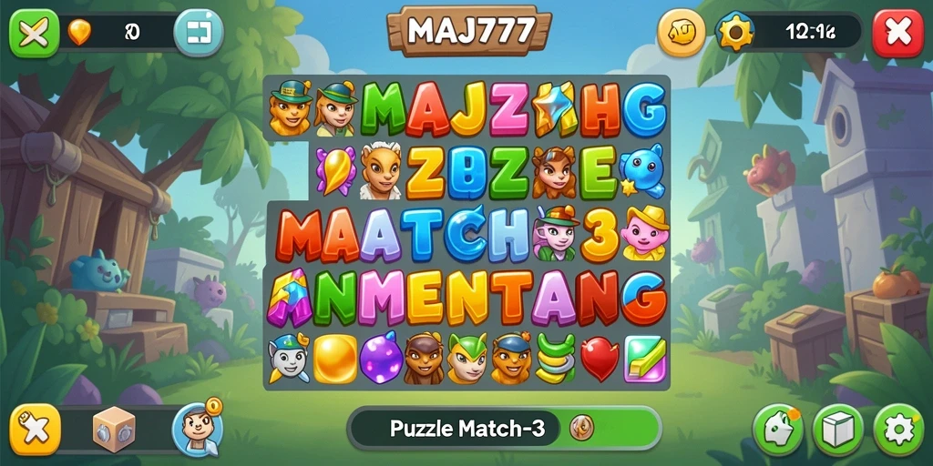 Antarmuka permainan MAJ777 dengan elemen Puzzle Match-3 yang berwarna-warni.
